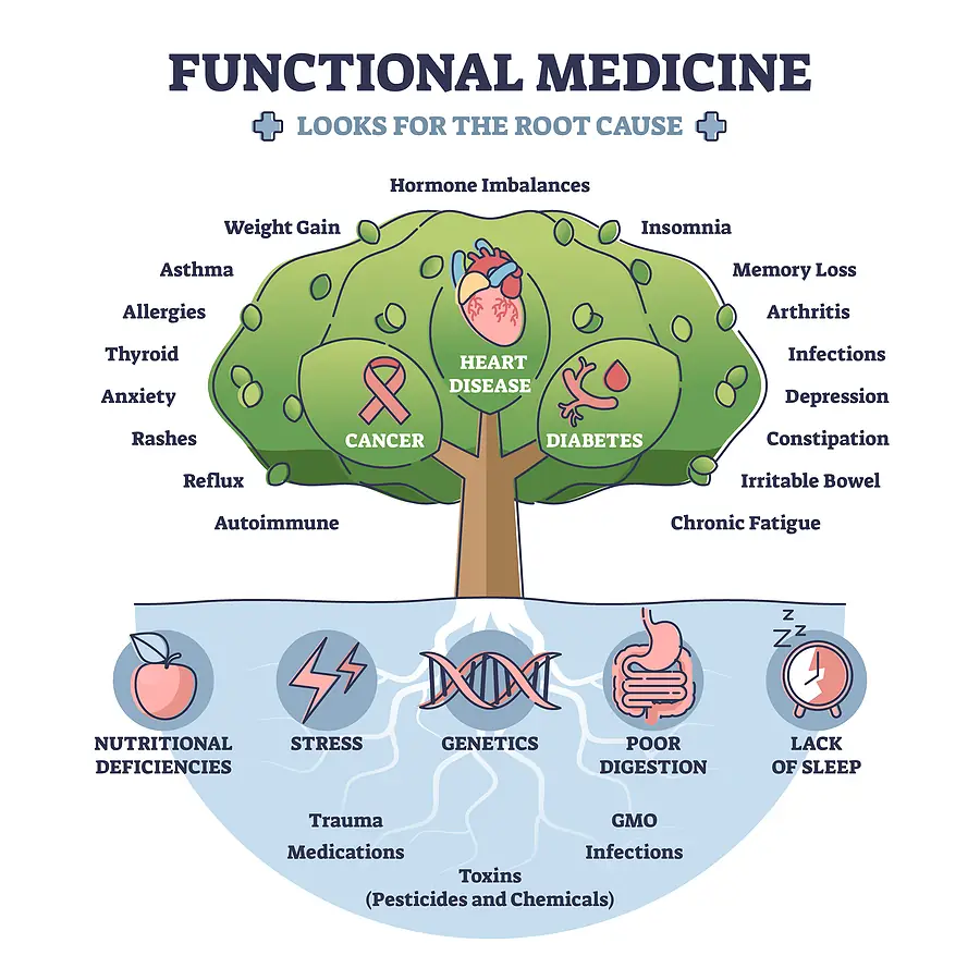 Infographic showing functional medicine approach with tree displaying diseases (heart disease, cancer, diabetes) and symptoms, rooted in root causes including nutritional deficiencies, stress, genetics, poor digestion, and lack of sleep.