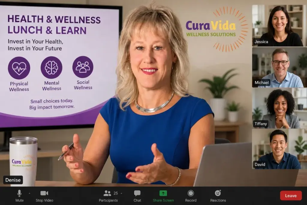 Denise presenting a Health & Wellness Lunch & Learn on a video call with a team