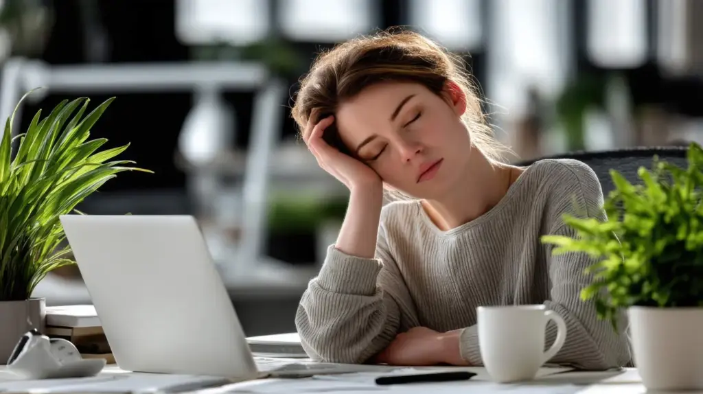 Woman in beige sweater leaning head on hand at desk with laptop, looking exhausted and fatigued