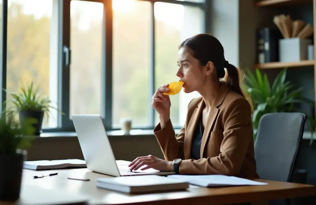 Woman at desk eating a potato chip while working on laptop in modern office with plants and windows