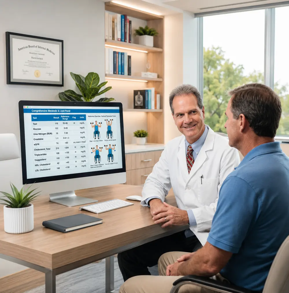 Dr. Zinni talking with a man at a desk, a health chart on the computer screen
